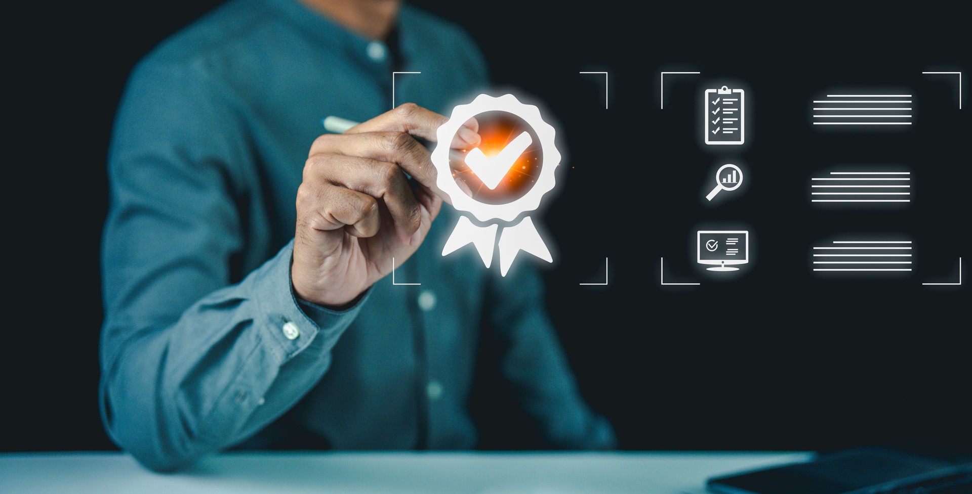 Businessman highlights a digital quality assurance badge with business icons, signifying certification and standards.