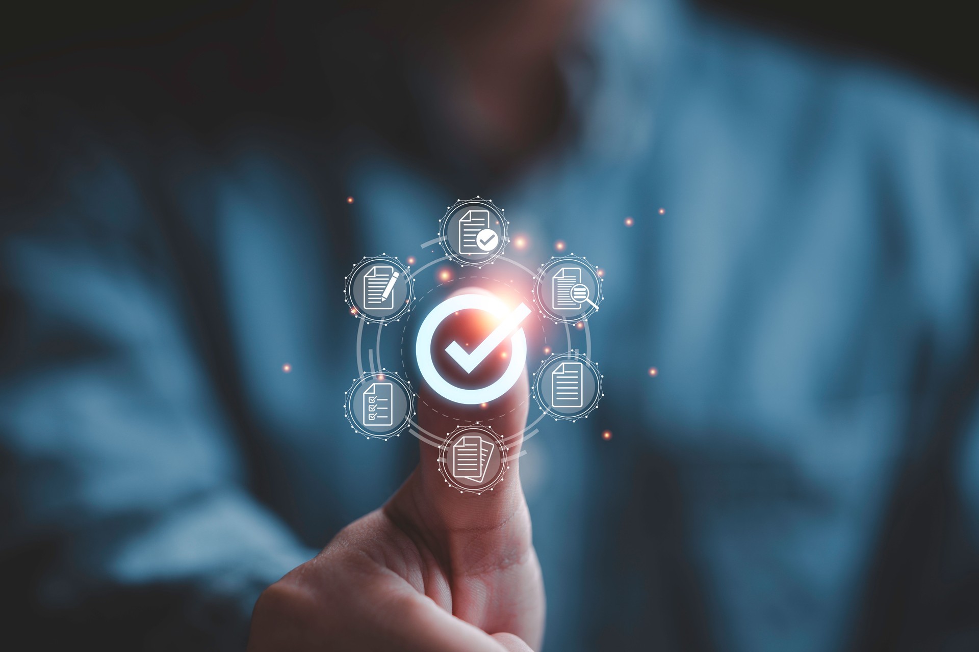 Businessman hand thumb up and  virtual correct sign or tick mark with document icon for approve quality assurance and guarantee concept.